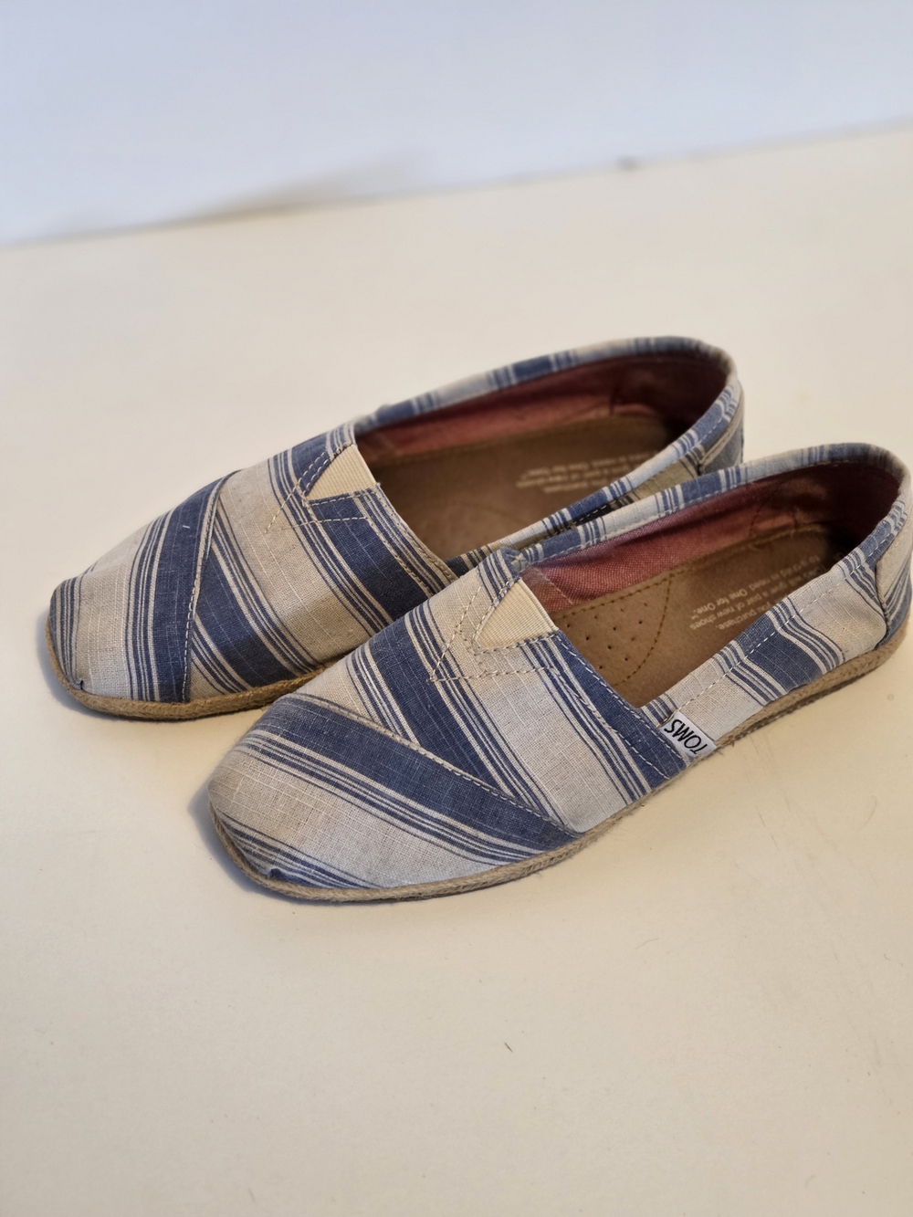 TOMS Blue and Cream Striped Canvas Slip-Ons